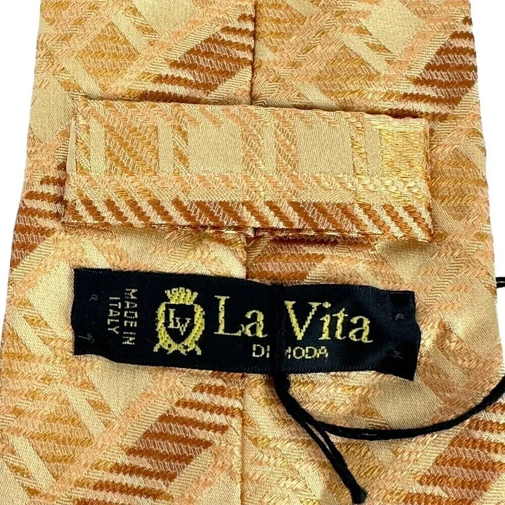 La Vita DiModa Tie Mens Beige Bronze Geo Stripe 100% Silk Necktie Jacquard Italy